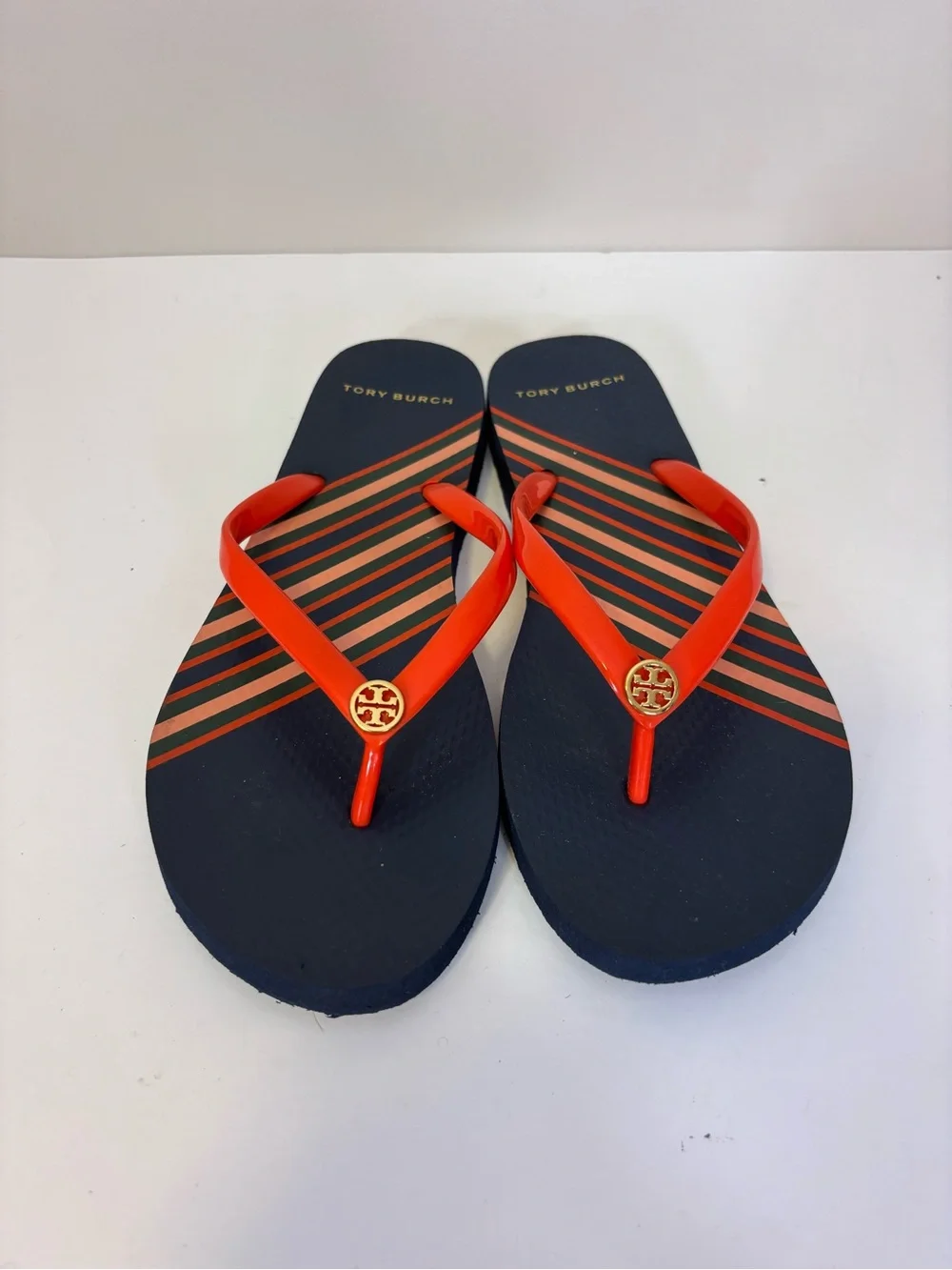 Tory Burch Navy Flip Flops with Orange Straps Sandals Women’s 9